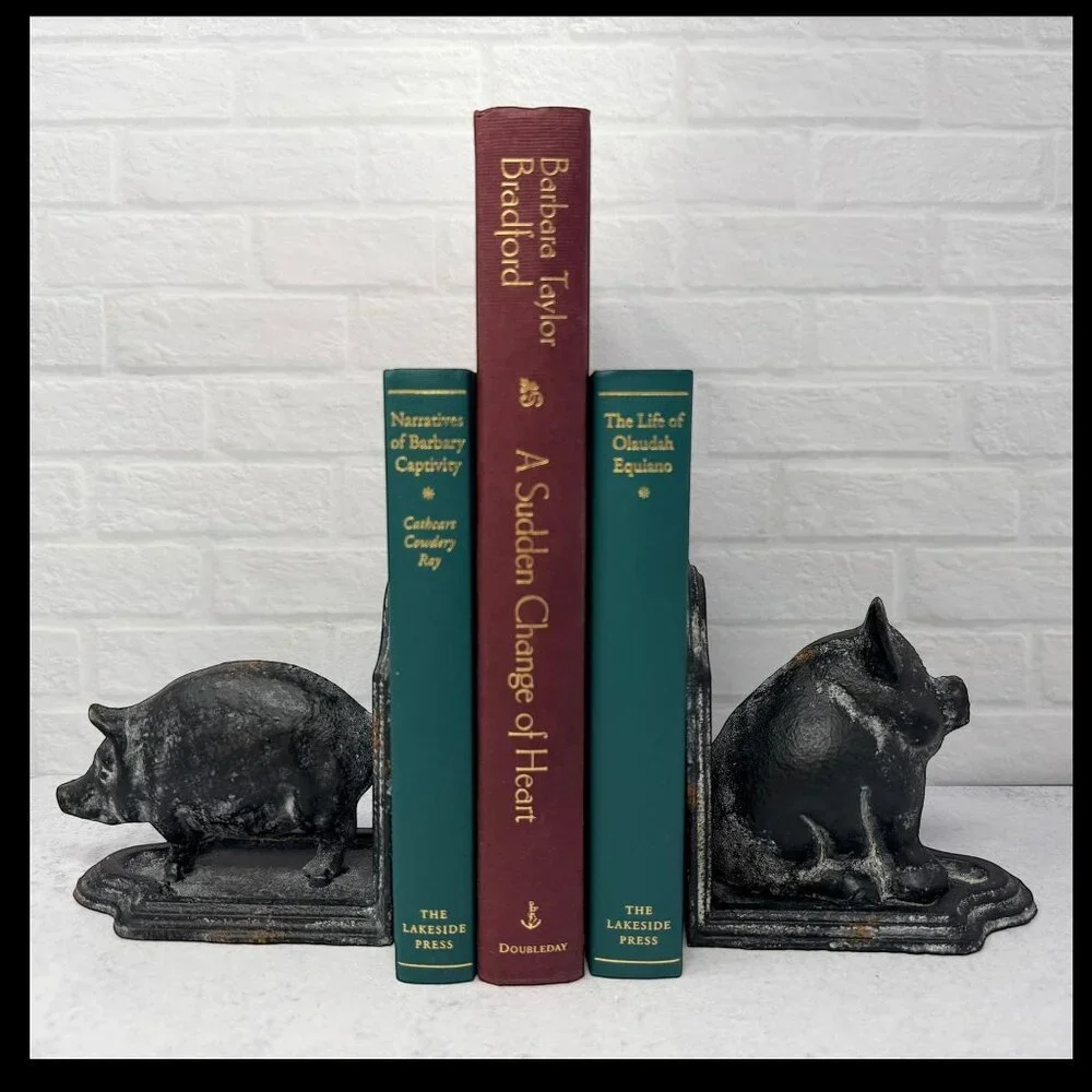 Cast Iron Pig Bookends Rustic Farmhouse Shelf Decor Black Book End Vintage Style